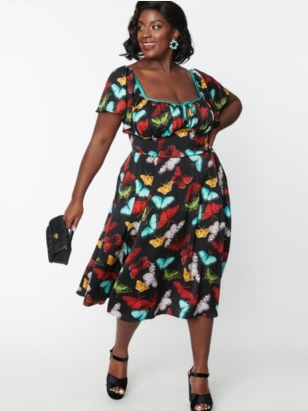 Unique Vintage Black Midi Dress with Multicolor Butterfly Print